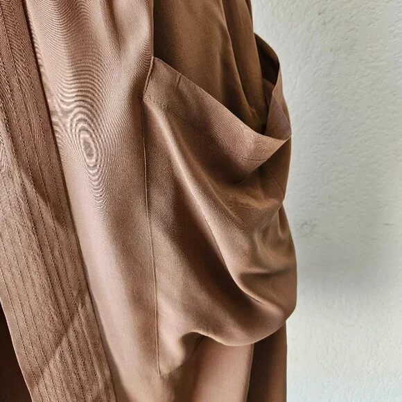 Maeve Anthropologie 100% Silk Warm Brown Faux Mock Wrap Dress Size 14 - Picture 3 of 11